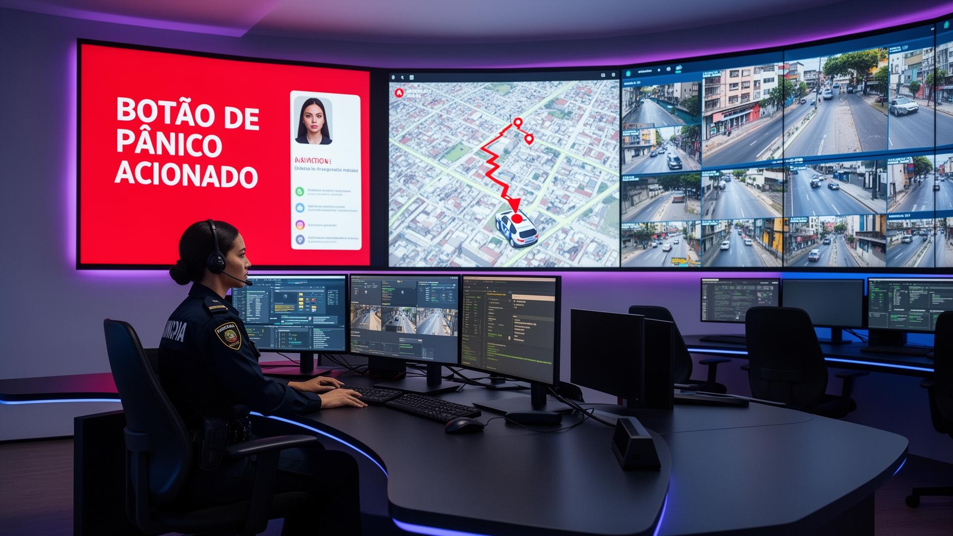 Central de monitoramento moderna com guarda municipal acompanhando alerta de botão de pânico e viatura em deslocamento no videowall
